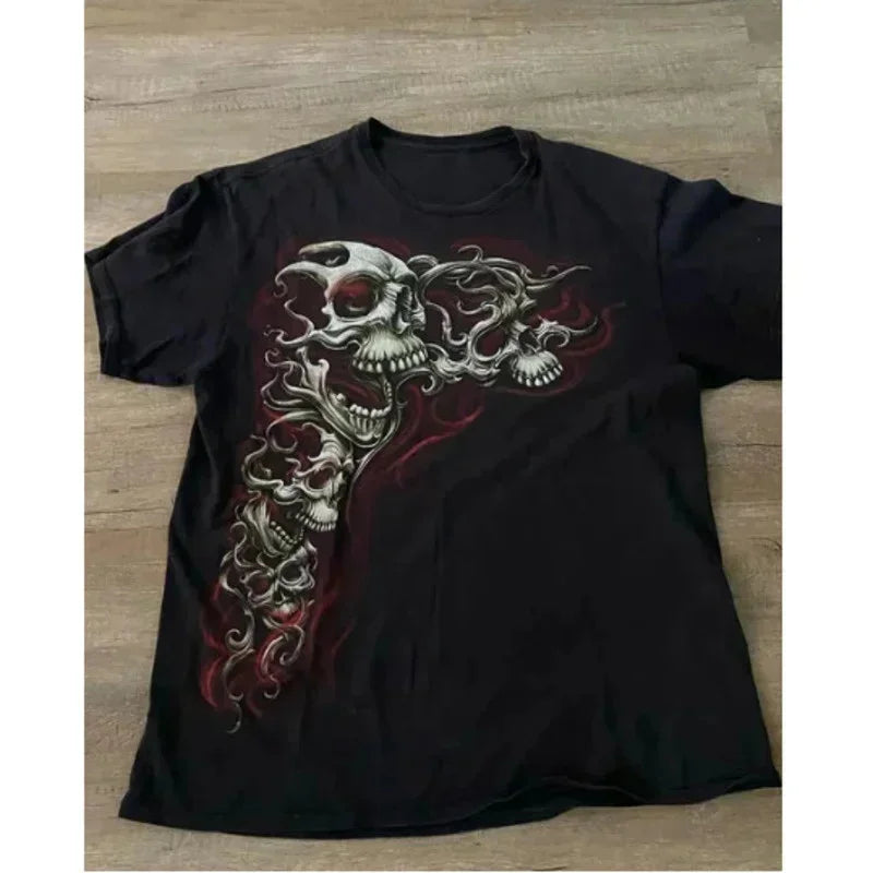 American Retro Goth Y2K Affliction Style Streetwear Tee Gothic Skull Cross Print Trendy Graphic T-shirts Men Clothing