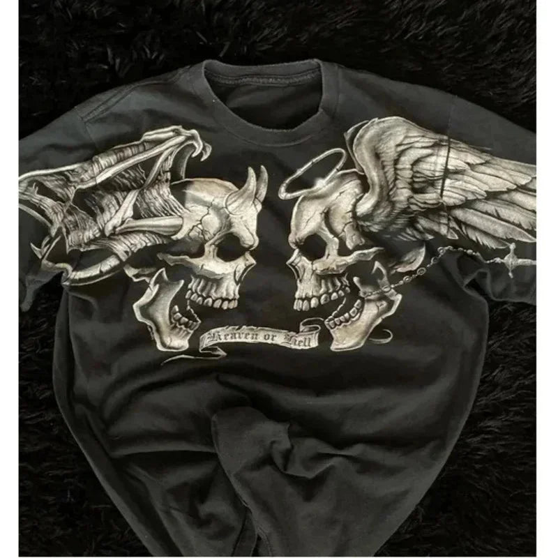 American Retro Goth Y2K Affliction Style Streetwear Tee Gothic Skull Cross Print Trendy Graphic T-shirts Men Clothing