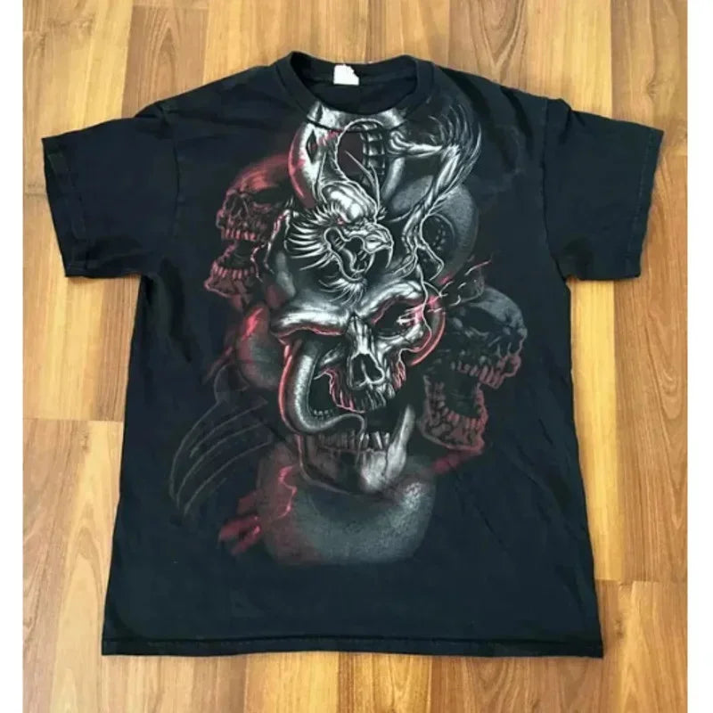 American Retro Goth Y2K Affliction Style Streetwear Tee Gothic Skull Cross Print Trendy Graphic T-shirts Men Clothing