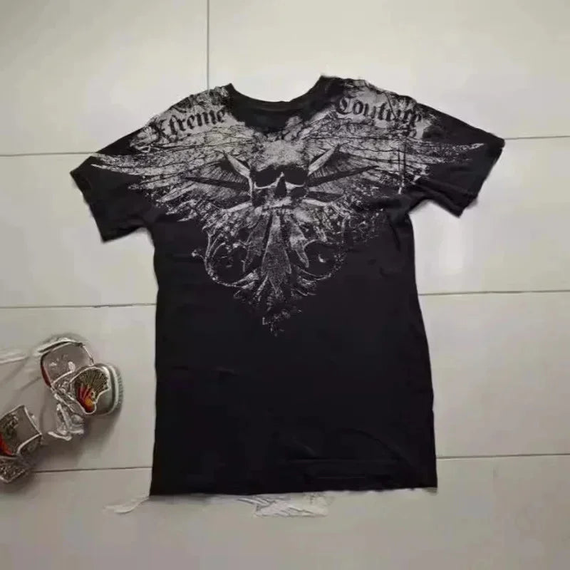 American Retro Goth Y2K Affliction Style Streetwear Tee Gothic Skull Cross Print Trendy Graphic T-shirts Men Clothing