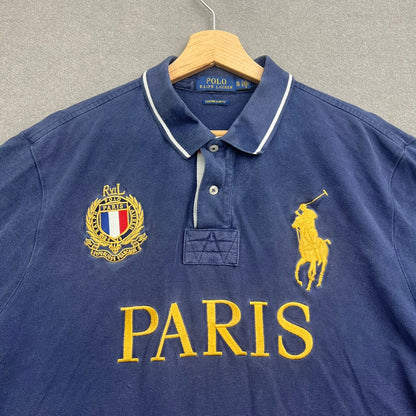 VTG Polo Ralph Lauren Polo Shirt Men XL Blue PARIS 5 Big Pony France Crest Flag