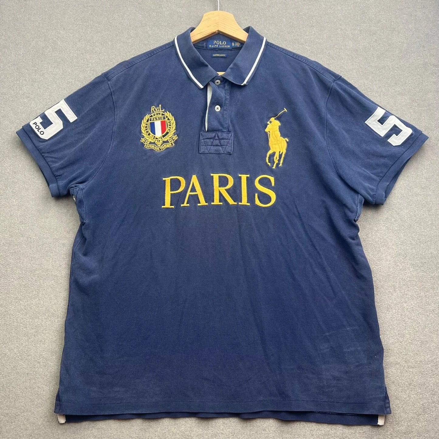 VTG Polo Ralph Lauren Polo Shirt Men XL Blue PARIS 5 Big Pony France Crest Flag