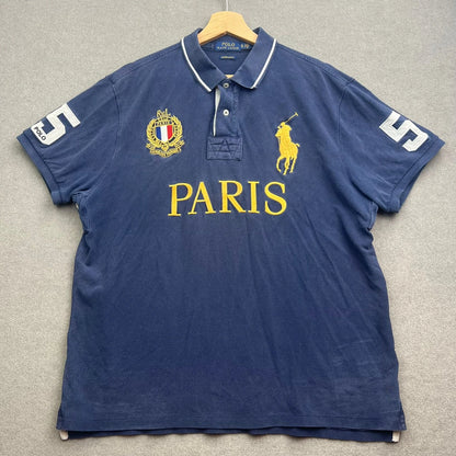 VTG Polo Ralph Lauren Polo Shirt Men XL Blue PARIS 5 Big Pony France Crest Flag