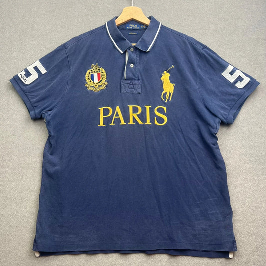 VTG Polo Ralph Lauren Polo Shirt Men XL Blue PARIS 5 Big Pony France Crest Flag