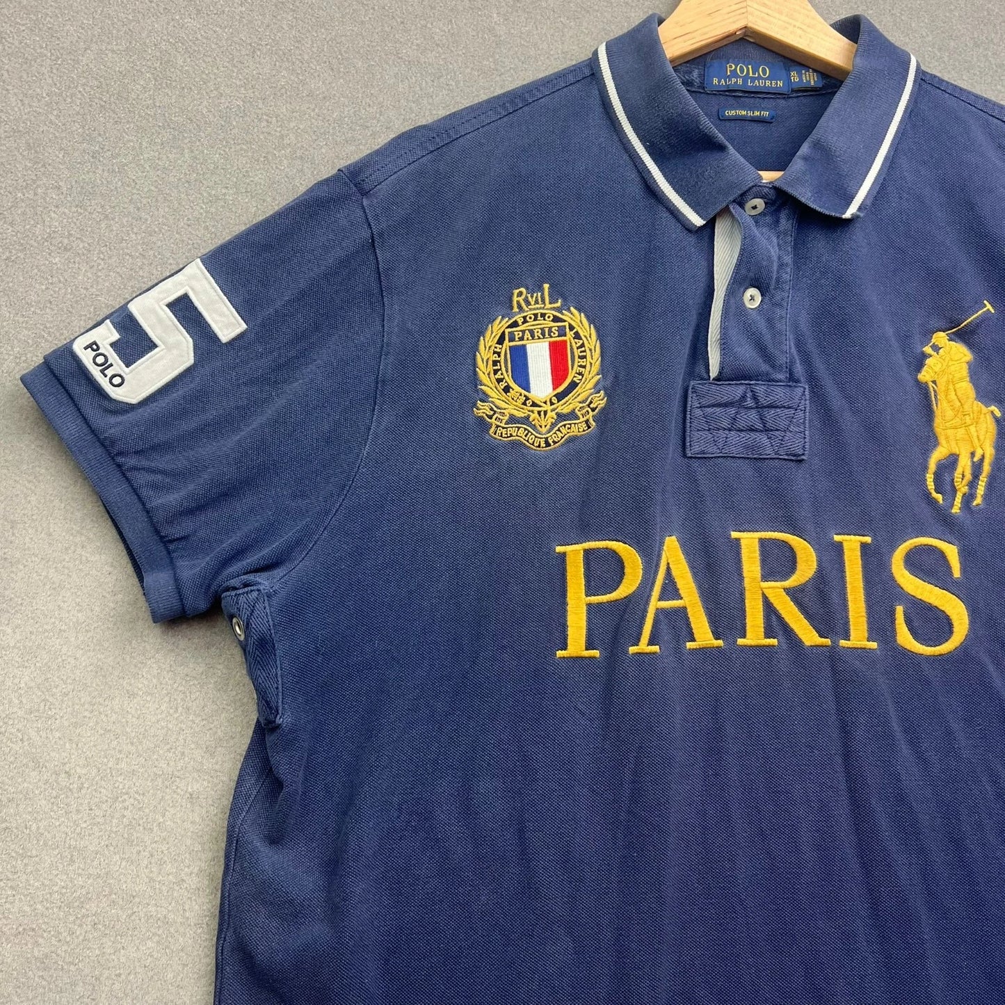 VTG Polo Ralph Lauren Polo Shirt Men XL Blue PARIS 5 Big Pony France Crest Flag