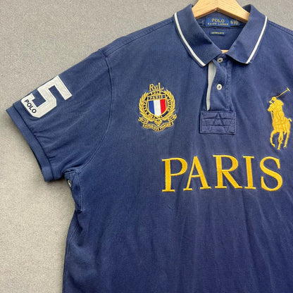 VTG Polo Ralph Lauren Polo Shirt Men XL Blue PARIS 5 Big Pony France Crest Flag