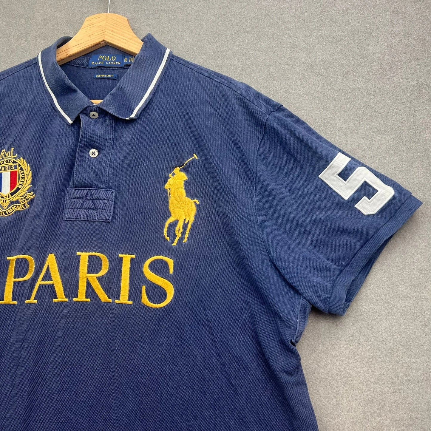 VTG Polo Ralph Lauren Polo Shirt Men XL Blue PARIS 5 Big Pony France Crest Flag