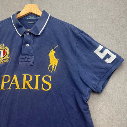 VTG Polo Ralph Lauren Polo Shirt Men XL Blue PARIS 5 Big Pony France Crest Flag
